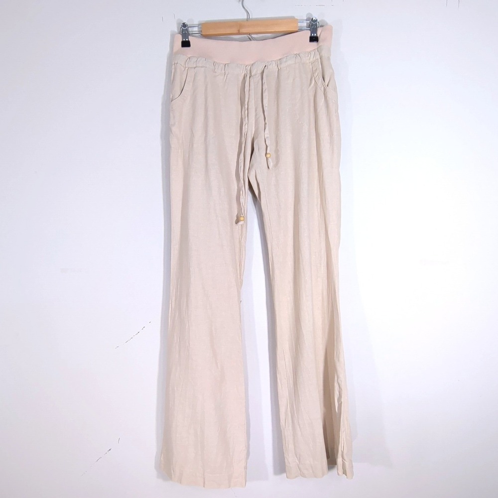 Love Tree Beige Linen Blend Pants; Drawstring, Wide Leg, Beachy, Boho